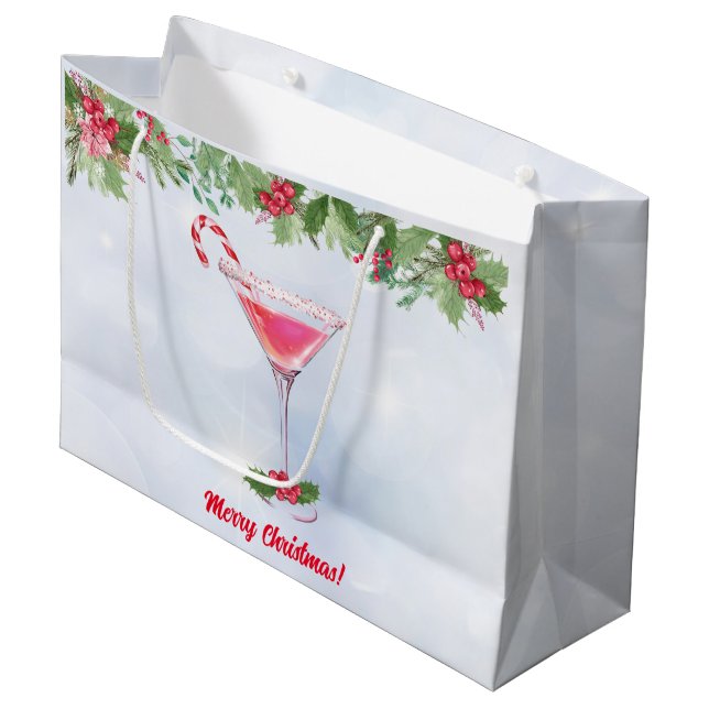 Candy Canes und Cocktails Weihnachtsfeier Große Geschenktüte (Vorderseite Schrägansicht)