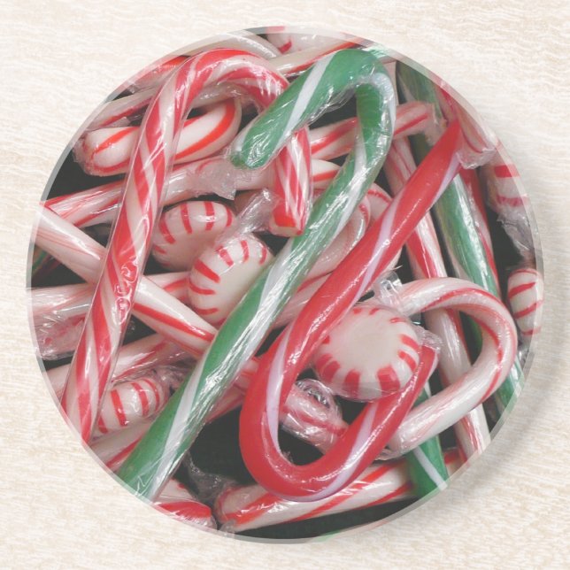Candy Canes und Pfefferminz Weihnachtsfeiertag Sandstein Untersetzer (Vorne)
