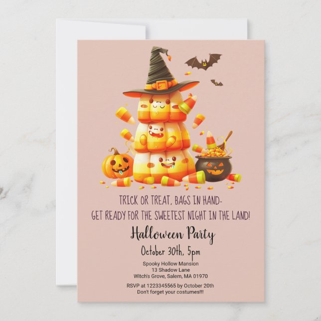 Candy Corn Trick oder Treat Pumpkins Halloween-Par Einladung (Vorderseite)