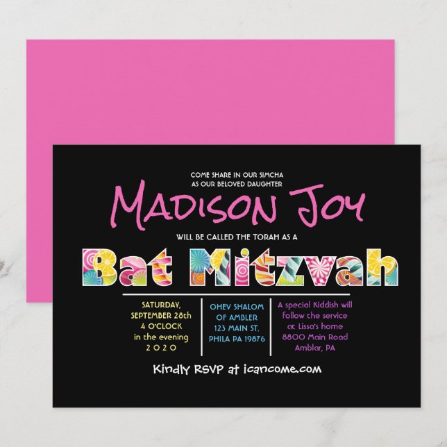 CANDY COUTURE Bat mitzvah rose Invitation (Devant / Derrière)