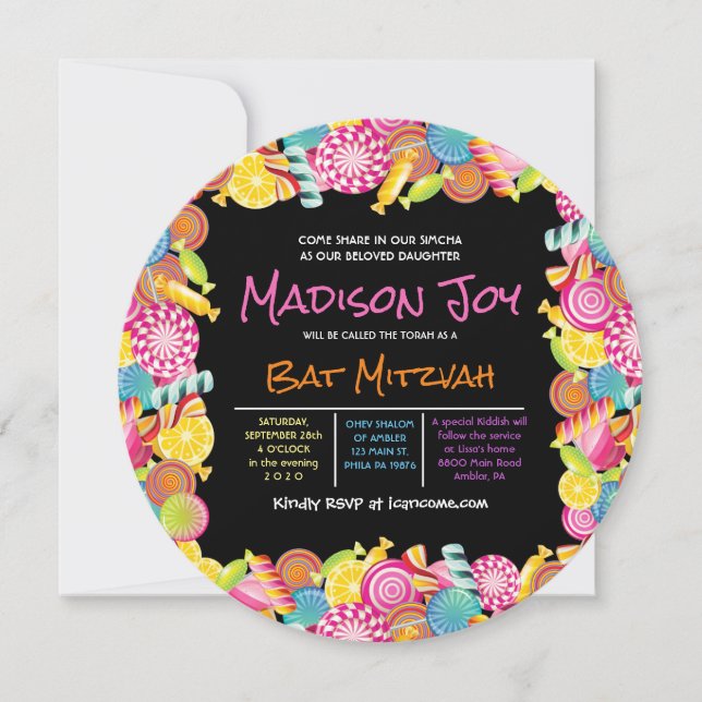 CANDY COUTURE Bat mitzvah rose Invitation ronde (Devant)