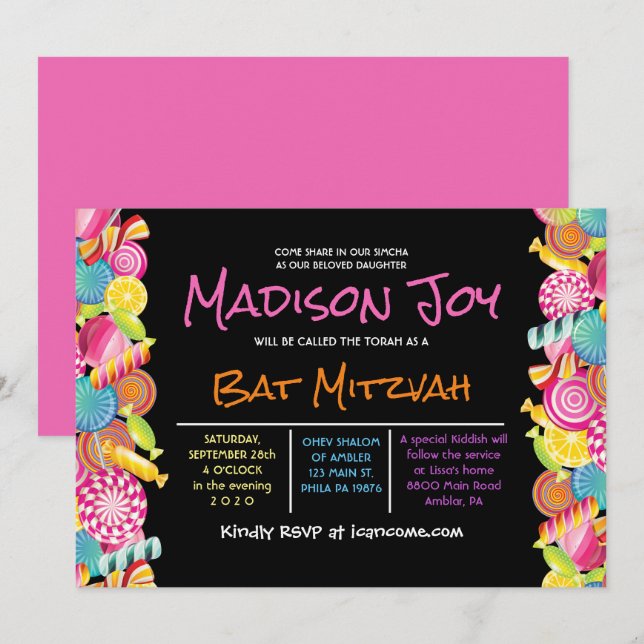 CANDY COUTURE Pink Bat Mitzvah Einladung (Vorne/Hinten)