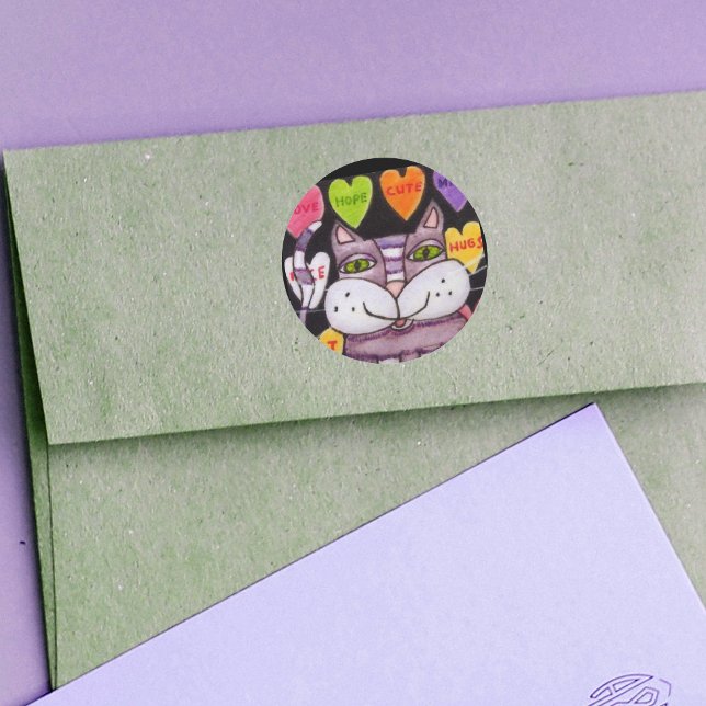 Candy Heart Lila Cat Folk Art Runder Aufkleber (Purple cat green eyes with colourful candy hearts with love sayings on black Valentine stickers.)