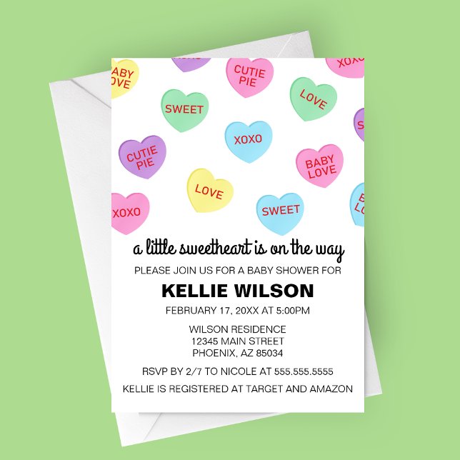 Candy Hearts Valentine Baby Dusche Einladung (Candy Hearts Valentine's Day Baby Shower Invitation)