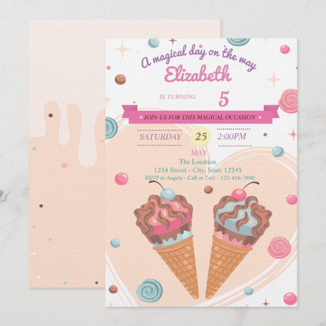 Candy Ice Creams zum Geburtstag Einladung (Vorne/Hinten)