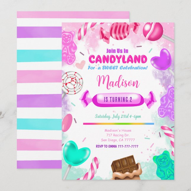 Candy Land Birthday Einladung (Vorne/Hinten)