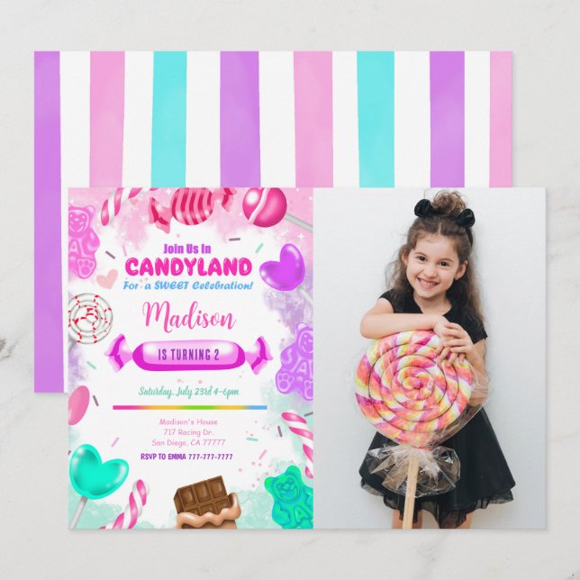 Candy Land Birthday Foto Einladung (Vorne/Hinten)