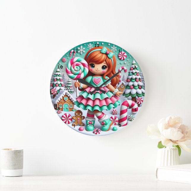 Candy Land Christmas Girl" - Whimsical Holiday Große Wanduhr (Zuhause)