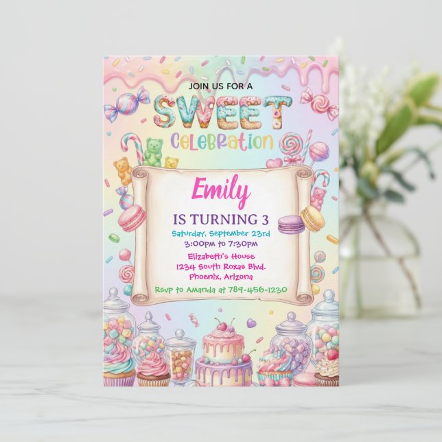 Candy Land Girl Birthday Sweet Celebration Rainbow Einladung (Stehend Vorderseite)