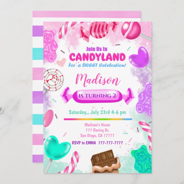 Candy Land Invitation d'anniversaire (Devant / Derrière)