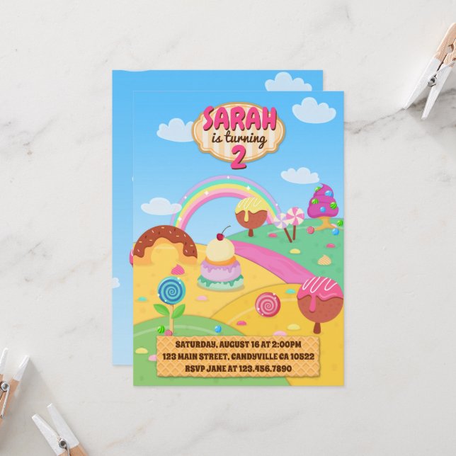 Candy Land Invitation d'anniversaire (Devant/Arrière en situation)