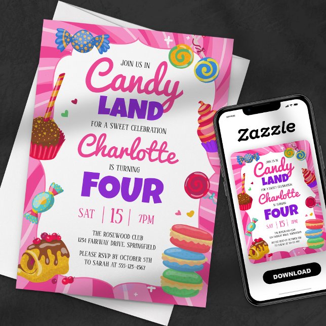 Candy Land Sweet Pink Geburtstagsparty Einladung (Von Creator hochgeladen)