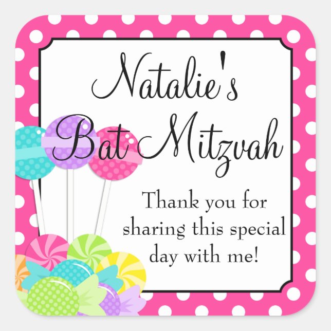 Candy Pink Polka Dot Bat Mitzvah Quadratischer Aufkleber (Vorderseite)