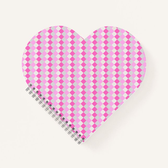 Candy Pink und White Karo Muster Herzform Notizbuch (Vorderseite)