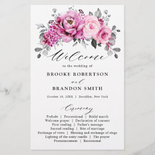 Candy Pink White Silver Floral Wedding Programme