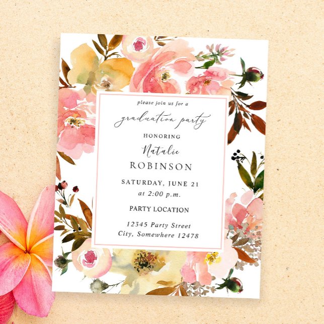 Candy Pink & Yellow Floral Graduation Party Flyer (Von Creator hochgeladen)