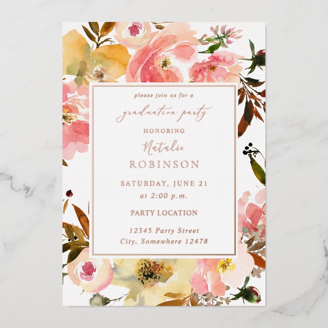 Candy Pink & Yellow Floral Graduation Party Folieneinladung (Vorderseite)