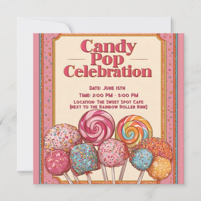 "Candy Pop Celebration" Einladung mit Lollipops (Vorderseite)