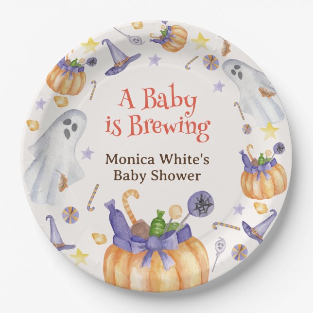 Candy Pumpkin Ghosts Halloween Baby Brewing Dusche Pappteller (Vorderseite)