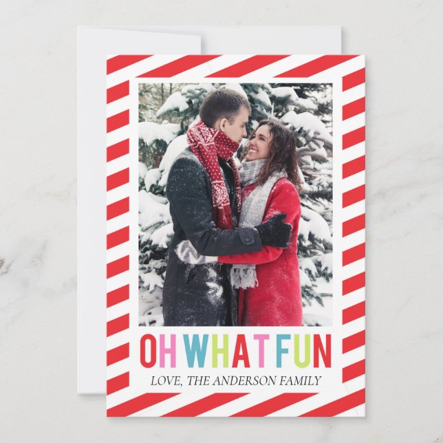 Candy Stripe Oh What Fun Christmas Foto Card Einladung (Vorderseite)