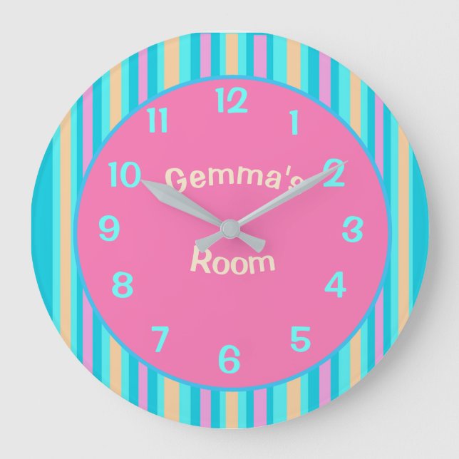 Candy Striped with Large Numbers Childs Wall Clock Große Wanduhr (Vorderseite)