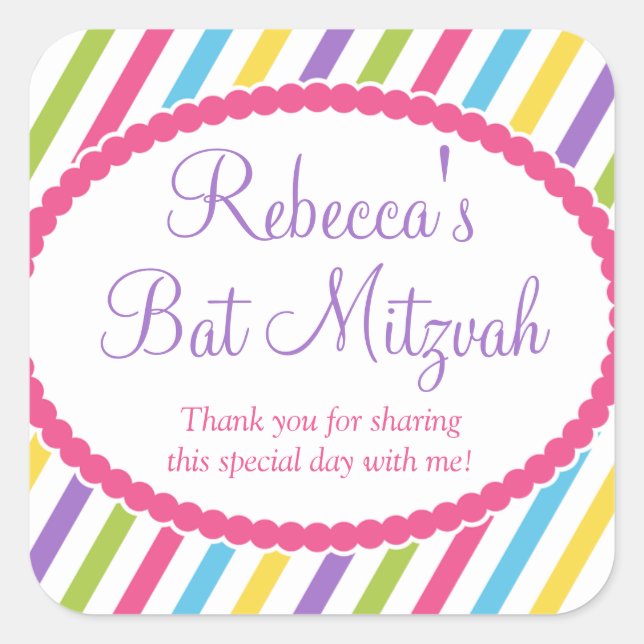 Candy Stripes Bat Mitzvah Quadratischer Aufkleber (Vorderseite)