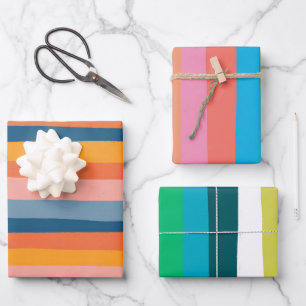 Candy Stripes farbig Orange Rosa Blauer Gren Geschenkpapier Set