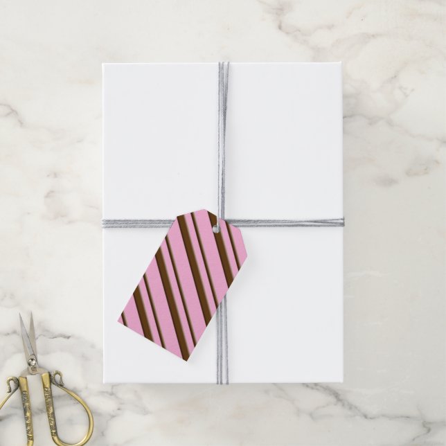 Candy Stripes, rosa und schokoladenbraun Geschenkanhänger (Mit Garn)