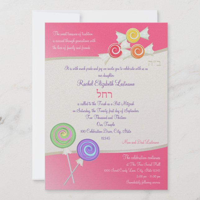 Candy Sweet Bat Mitzvah Watermelon Dark Pink Einladung (Vorderseite)