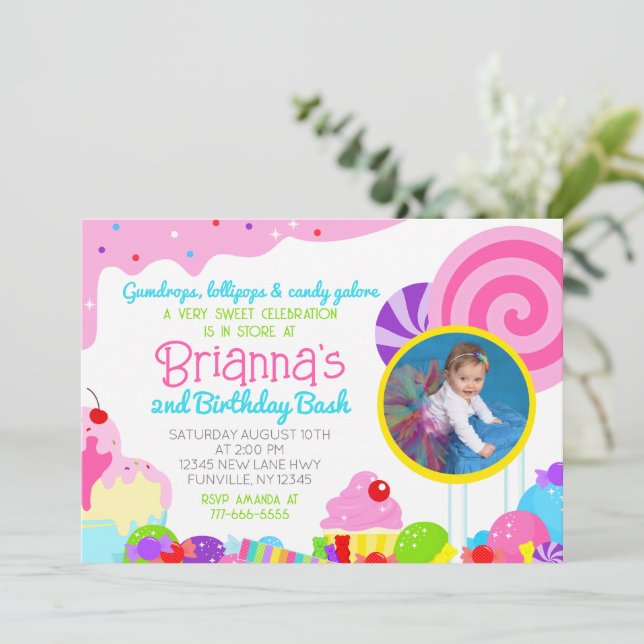 Candy Sweet Celebration Birthday Party Foto Einladung (Stehend Vorderseite)