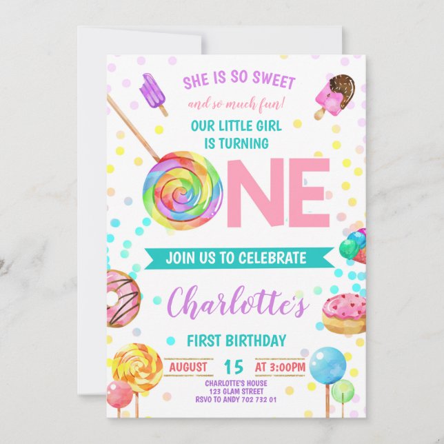 Candy Sweet Celebration ONE Girl Erster Geburtstag Einladung (Vorderseite)
