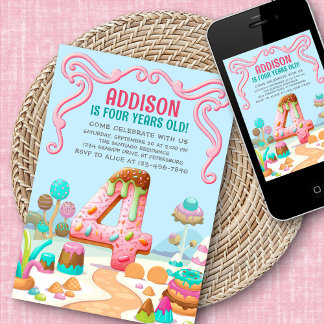 Candy Sweet Girl's Candyland 4. Geburtstag Einladung