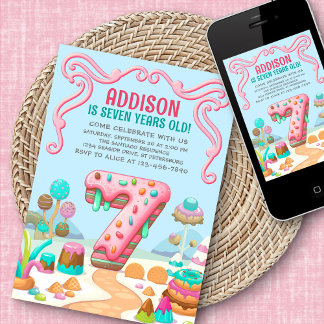 Candy Sweet Girl's Candyland 7. Geburtstag Einladung