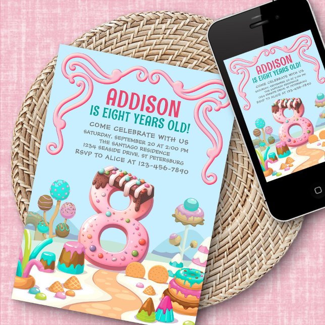 Candy Sweet Girl's Candyland 8. Geburtstag Einladung (Von Creator hochgeladen)