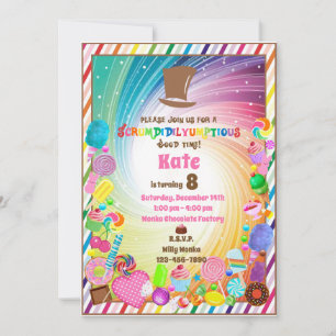 Candy Thema, Schokolade, Goldene Karte, Regenbogen Einladung