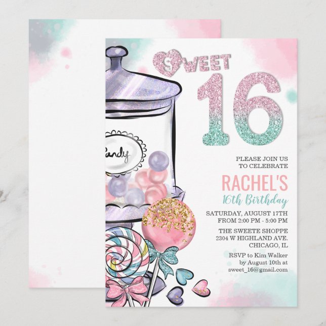 Candy Theme Sweet 16 Anniversaire Invitation (Devant / Derrière)
