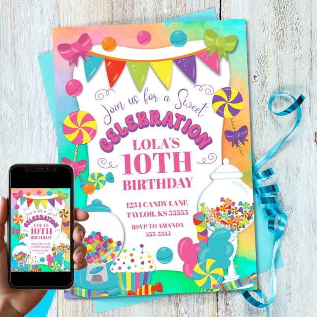 Candy Themed Girl's Colorful Rainbow Birthday Einladung (Candy Themed Girl's Colorful Rainbow Birthday Invitation
)