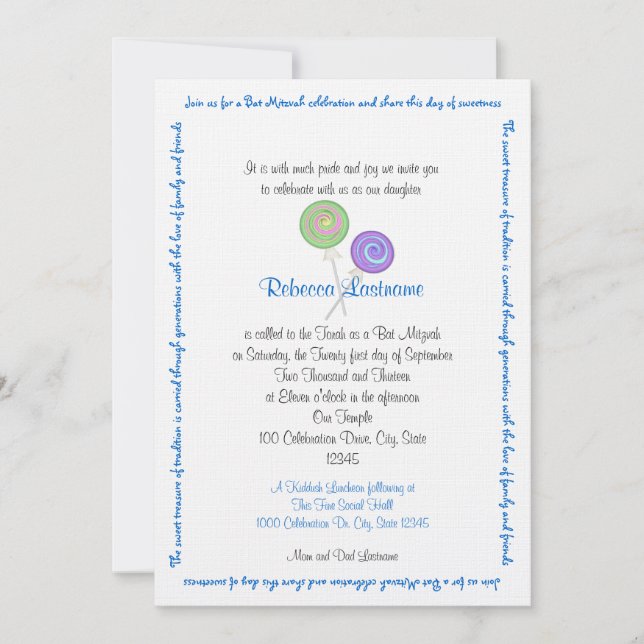 Candy Treasures Bat Mitzvah Blue Einladung (Vorderseite)