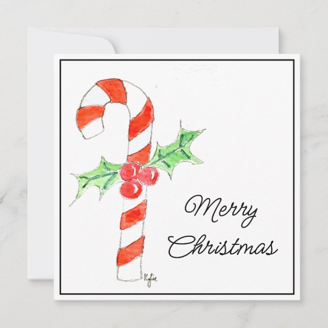 Candycane With Holly Feiertagskarte (Vorderseite)