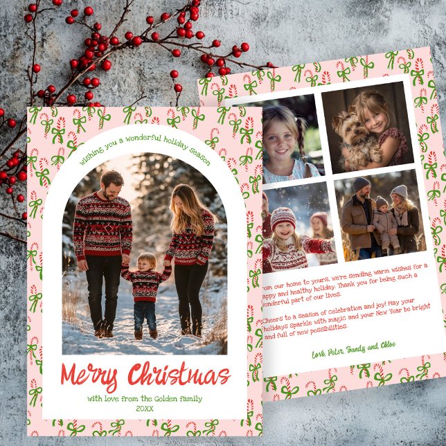 Candycanes Rosa Weihnachten Custom Arch 5 Foto (Candy canes Pink Red Cute Christmas Custom Arch 5 Photo  Family Collage Holiday Card
)