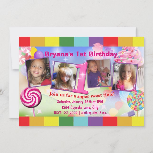Candyland 1er anniversaire fête 4 Invitation photo (Devant)