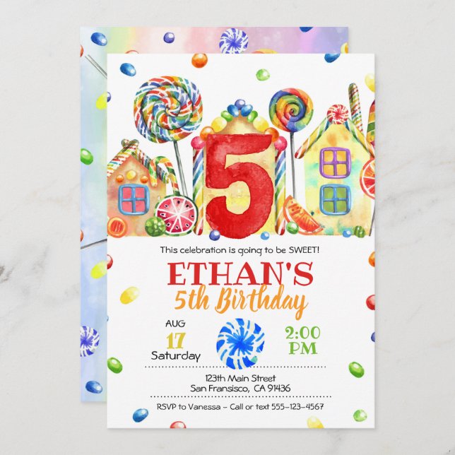 Candyland Candy Invitation pour Candy Thème - 5ème (Devant / Derrière)