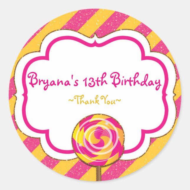 Candyland Pink & Yellow Lollipop Party Stickers (Vorderseite)