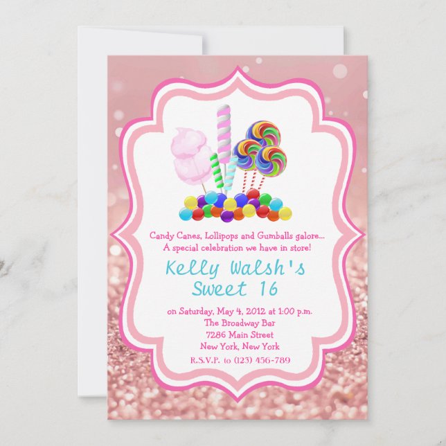 Candyland Rose Gold Glitzer Sweet 16 Einladung (Vorderseite)