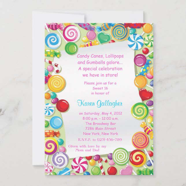 Candyland Süßigkeiten Thema Sweet 16 Einladung (Vorderseite)