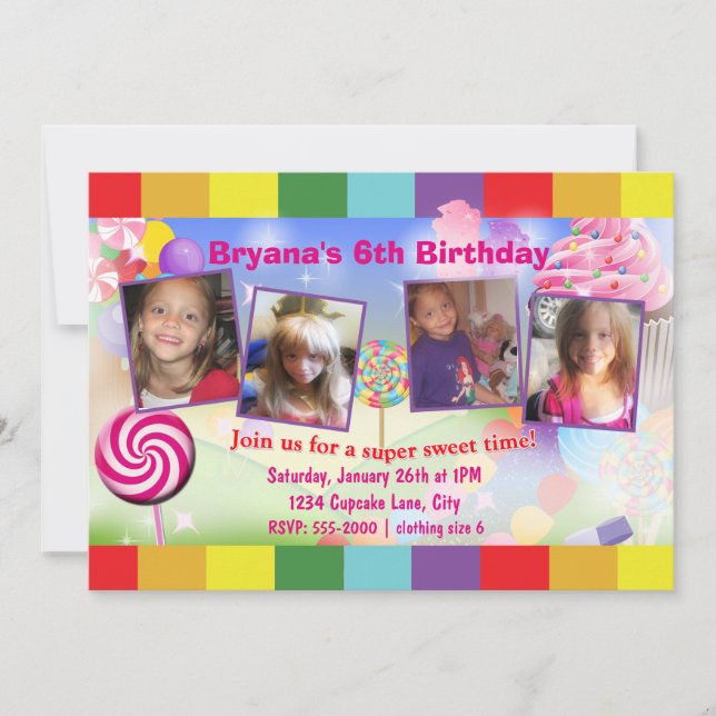 Candyland Sweet Birthday Party 4 Foto Einladung (Vorderseite)
