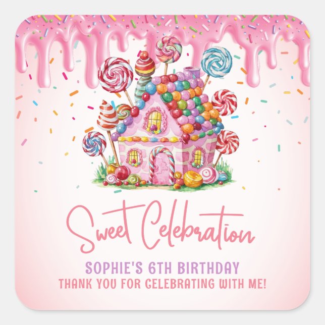 Candyland Sweet Celebration Birthday Vielen Dank Quadratischer Aufkleber (Vorderseite)