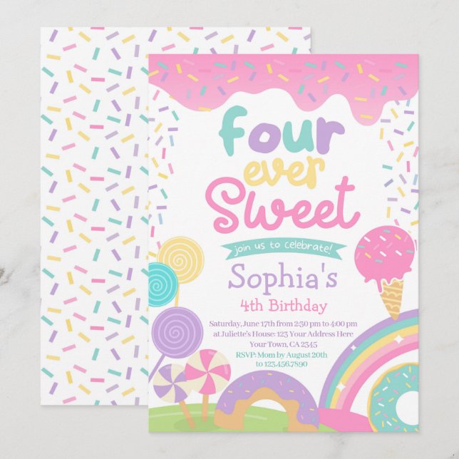 Candyland und Ice Cream Vier-mal Sweet Birthday Einladung (Vorne/Hinten)