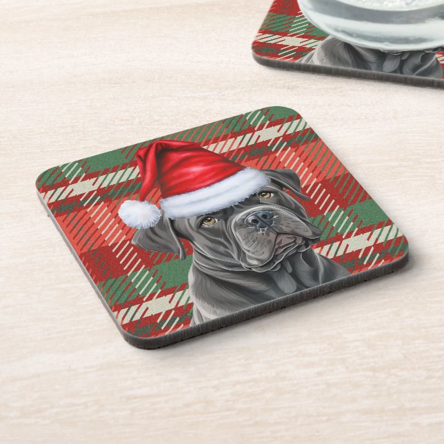 Cane Corso Dog mit Kariertem Weihnachtsfest Getränkeuntersetzer (Linke Seite)