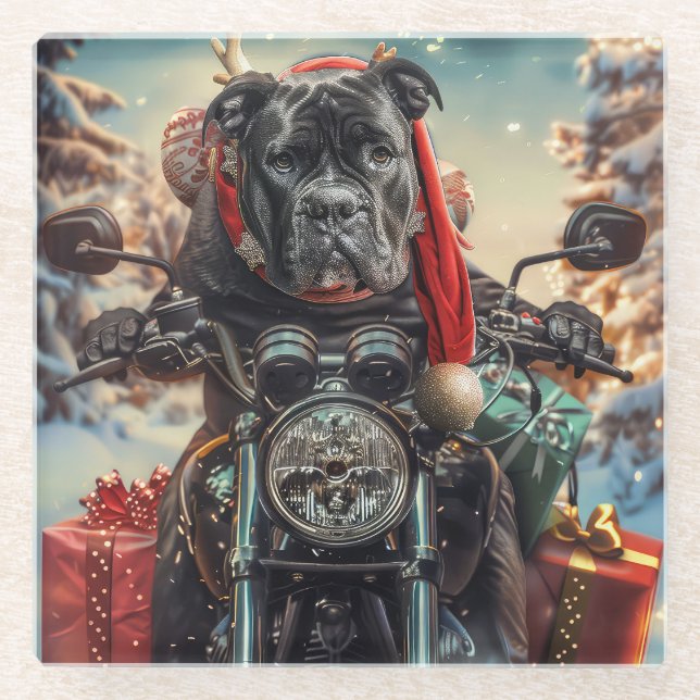 Cane Corso Dog Riding Motorrad Weihnachten Glasuntersetzer (Vorderseite)